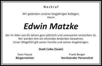 Traueranzeige von Edwin Matzke  von Magdeburger Volksstimme