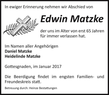 Traueranzeige von Edwin Matzke  von Magdeburger Volksstimme