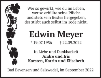 Traueranzeige von Edwin Meyer  von Magdeburger Volksstimme