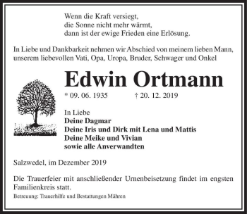 Traueranzeige von Edwin Ortmann  von Magdeburger Volksstimme