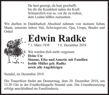 Traueranzeige von Edwin Radke  von Magdeburger Volksstimme