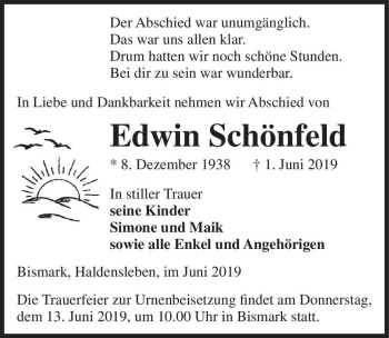 Traueranzeige von Edwin Schönfeld  von Magdeburger Volksstimme