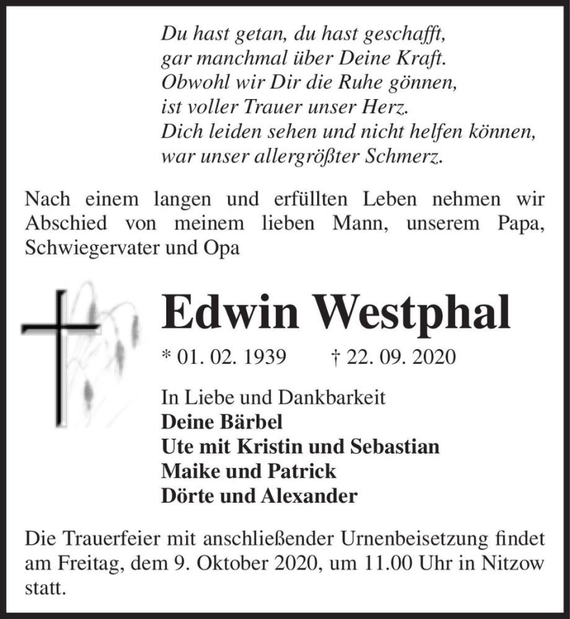  Traueranzeige für Edwin Westphal  vom 26.09.2020 aus Magdeburger Volksstimme
