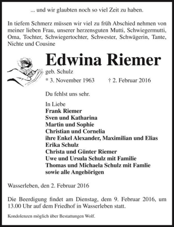 Traueranzeige von Edwina Riemer (geb. Schulz)  von Magdeburger Volksstimme