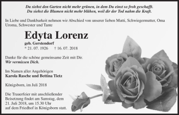 Traueranzeige von Edyta Lorenz (geb. Gerstendorf)  von Magdeburger Volksstimme