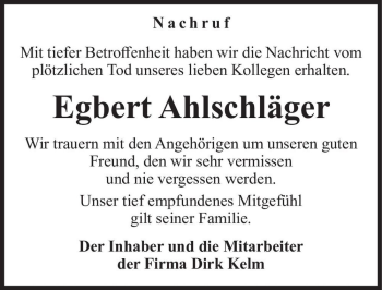 Traueranzeige von Egbert Ahlschläger  von Magdeburger Volksstimme