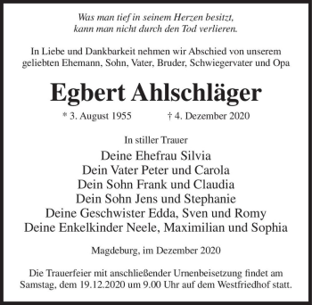Traueranzeige von Egbert Ahlschläger  von Magdeburger Volksstimme