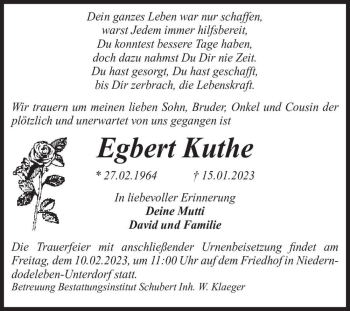 Traueranzeige von Egbert Kuthe  von Magdeburger Volksstimme