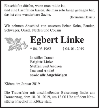Traueranzeige von Egbert LInke  von Magdeburger Volksstimme