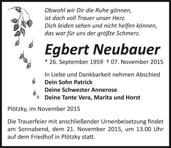 Traueranzeige von Egbert Neubauer  von Magdeburger Volksstimme