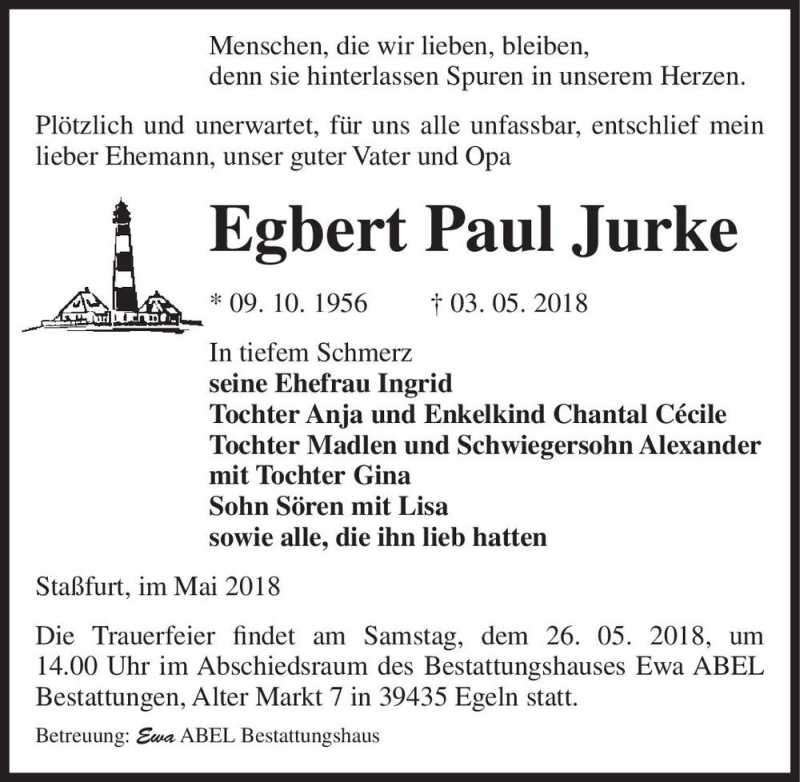  Traueranzeige für Egbert Paul Jurke  vom 19.05.2018 aus Magdeburger Volksstimme