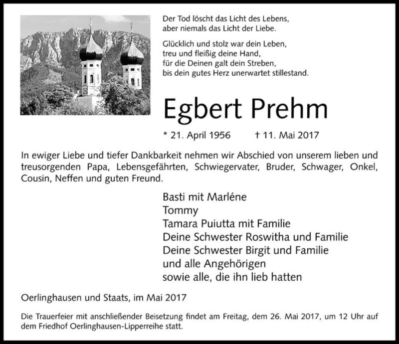  Traueranzeige für Egbert Prehm  vom 19.05.2017 aus Magdeburger Volksstimme