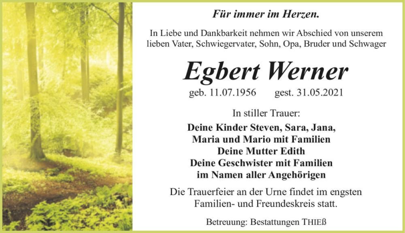  Traueranzeige für Egbert Werner  vom 12.06.2021 aus Magdeburger Volksstimme