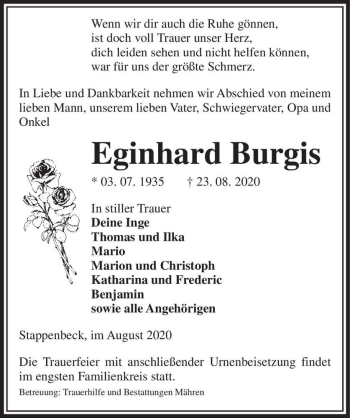 Traueranzeige von Eginhard Burgis  von Magdeburger Volksstimme