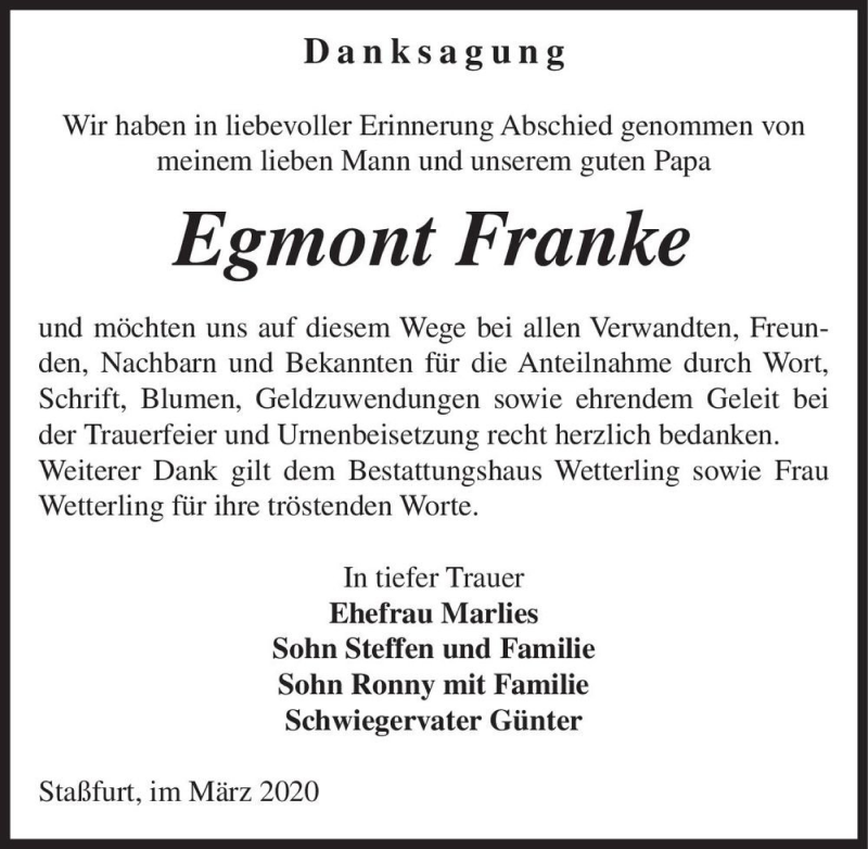  Traueranzeige für Egmont Franke  vom 21.03.2020 aus Magdeburger Volksstimme