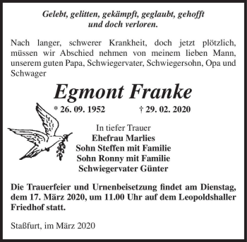 Traueranzeige von Egmont Franke  von Magdeburger Volksstimme