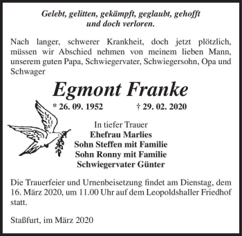 Traueranzeige von Egmont Franke  von Magdeburger Volksstimme