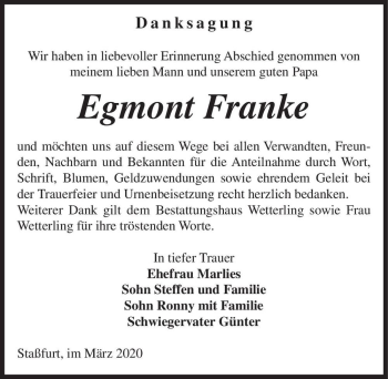 Traueranzeige von Egmont Franke  von Magdeburger Volksstimme