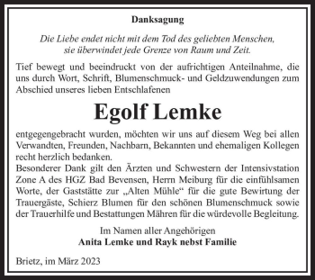 Traueranzeige von Egolf Lemke  von Magdeburger Volksstimme