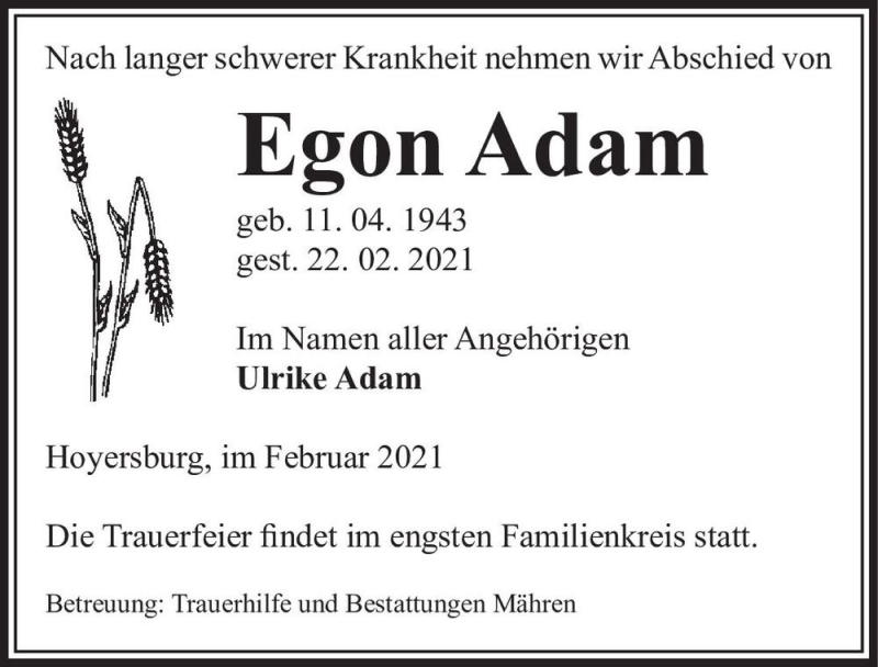  Traueranzeige für Egon Adam  vom 24.02.2021 aus Magdeburger Volksstimme