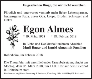 Traueranzeige von Egon Almes  von Magdeburger Volksstimme