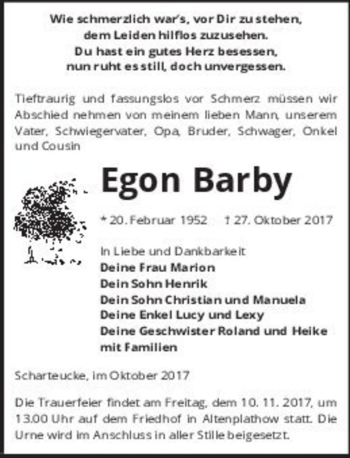 Traueranzeige von Egon Barby  von Magdeburger Volksstimme