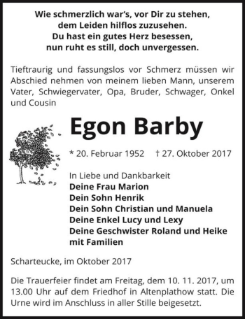 Traueranzeige von Egon Barby  von Magdeburger Volksstimme