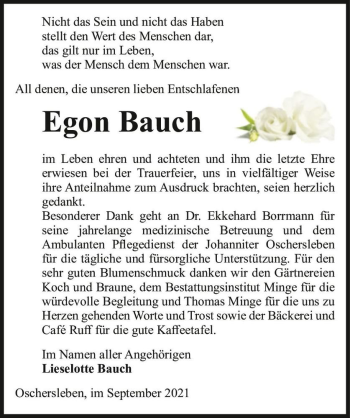 Traueranzeige von Egon Bauch  von Magdeburger Volksstimme