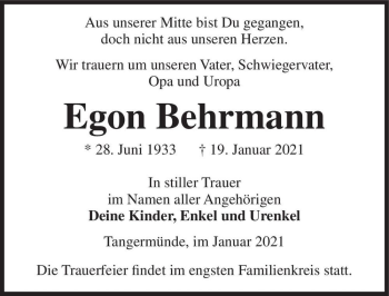 Traueranzeige von Egon Behrmann  von Magdeburger Volksstimme