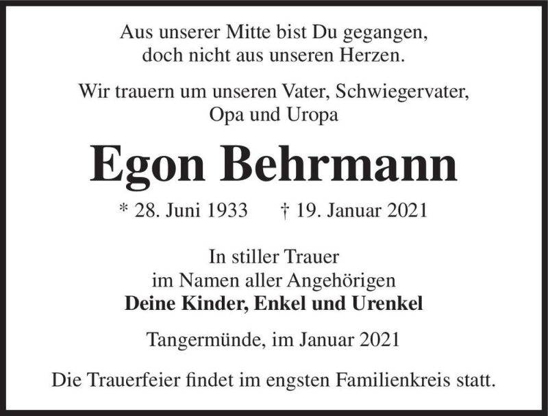  Traueranzeige für Egon Behrmann  vom 23.01.2021 aus Magdeburger Volksstimme
