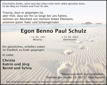 Traueranzeige von Egon Benno Paul Schulz  von Magdeburger Volksstimme