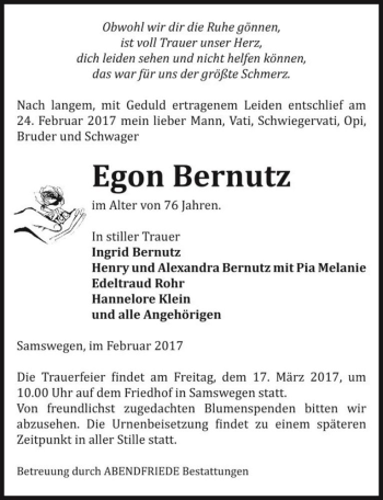 Traueranzeige von Egon Bernutz  von Magdeburger Volksstimme
