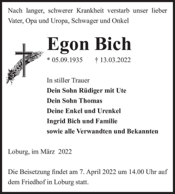 Traueranzeige von Egon Bich  von Magdeburger Volksstimme