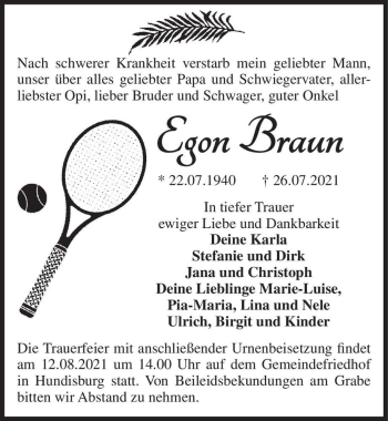 Traueranzeige von Egon Braun  von Magdeburger Volksstimme