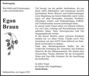 Traueranzeige von Egon Braun  von Magdeburger Volksstimme