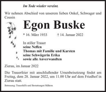 Traueranzeige von Egon Buske  von Magdeburger Volksstimme