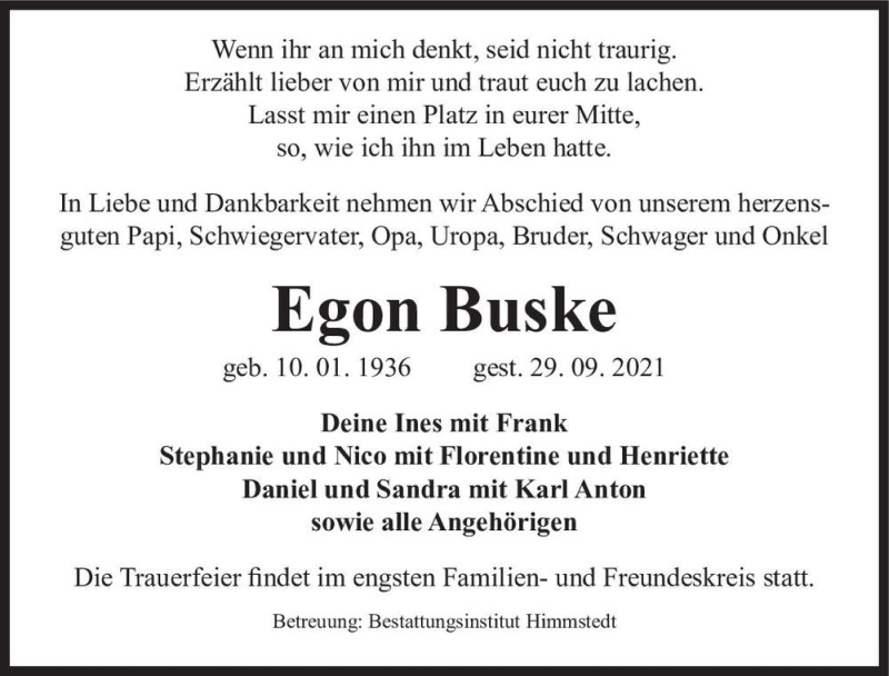  Traueranzeige für Egon Buske  vom 09.10.2021 aus Magdeburger Volksstimme