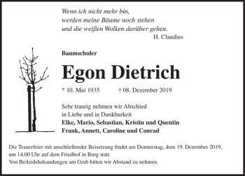 Traueranzeige von Egon Dietrich  von Magdeburger Volksstimme