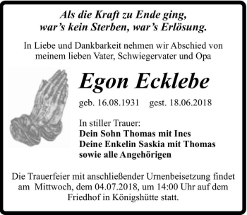 Traueranzeige von Egon Ecklebe  von Magdeburger Volksstimme