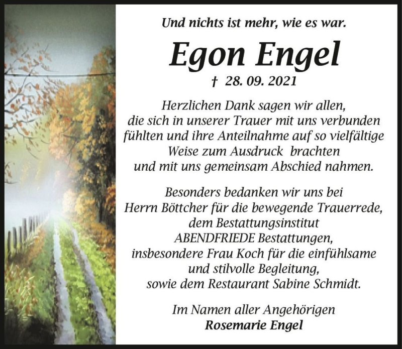  Traueranzeige für Egon Engel  vom 30.10.2021 aus Magdeburger Volksstimme