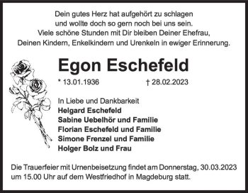 Traueranzeige von Egon Eschefeld  von Magdeburger Volksstimme