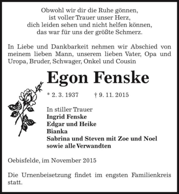 Traueranzeige von Egon Fenske  von Magdeburger Volksstimme