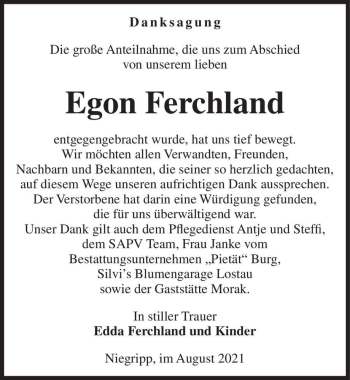 Traueranzeige von Egon Ferchland  von Magdeburger Volksstimme