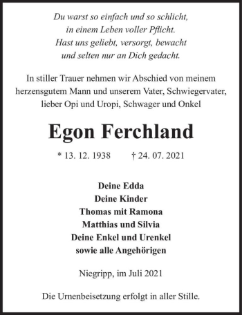 Traueranzeige von Egon Ferchland  von Magdeburger Volksstimme