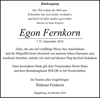 Traueranzeige von Egon Fernkorn  von Magdeburger Volksstimme