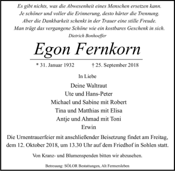 Traueranzeige von Egon Fernkorn  von Magdeburger Volksstimme