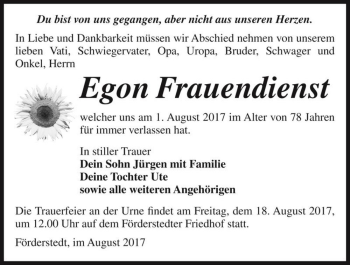 Traueranzeige von Egon Frauendienst  von Magdeburger Volksstimme