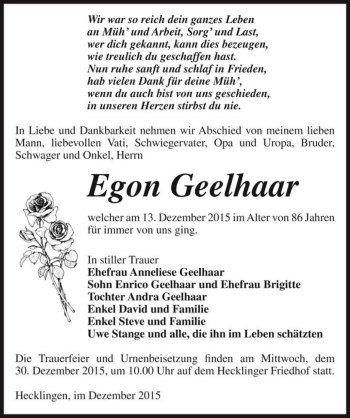 Traueranzeige von Egon Geelhaar  von Magdeburger Volksstimme
