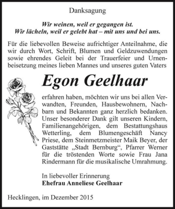 Traueranzeige von Egon Geelhaar  von Magdeburger Volksstimme