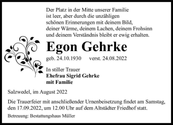 Traueranzeige von Egon Gehrke  von Magdeburger Volksstimme